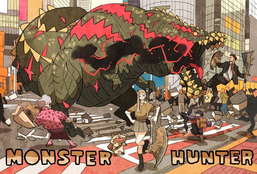 2girls animal_ear_headband axe backpack bag black_hair black_pants black_socks blank_eyes blonde_hair bow_(weapon) brown_shirt brown_shoes building commentary_request crosswalk crowd debris deviljho fighting flying_sweatdrops full_body grey_eyes grey_hair grey_skirt hammer hat highres holding holding_axe holding_bow_(weapon) holding_hammer holding_shield holding_sword holding_weapon jacket leg_up long_hair looking_at_viewer monster_hunter_(series) multiple_boys multiple_girls navirou_(monster_hunter) necktie panicking pants pink_shirt pink_socks pleated_skirt purple_hat purple_jacket red_necktie scar shibuya_(tokyo) shield shirt shoes short_hair sidewalk skirt smile smoke socks switch_axe sword takeuchi_ryousuke tokyo_(city) tongue tongue_out weapon