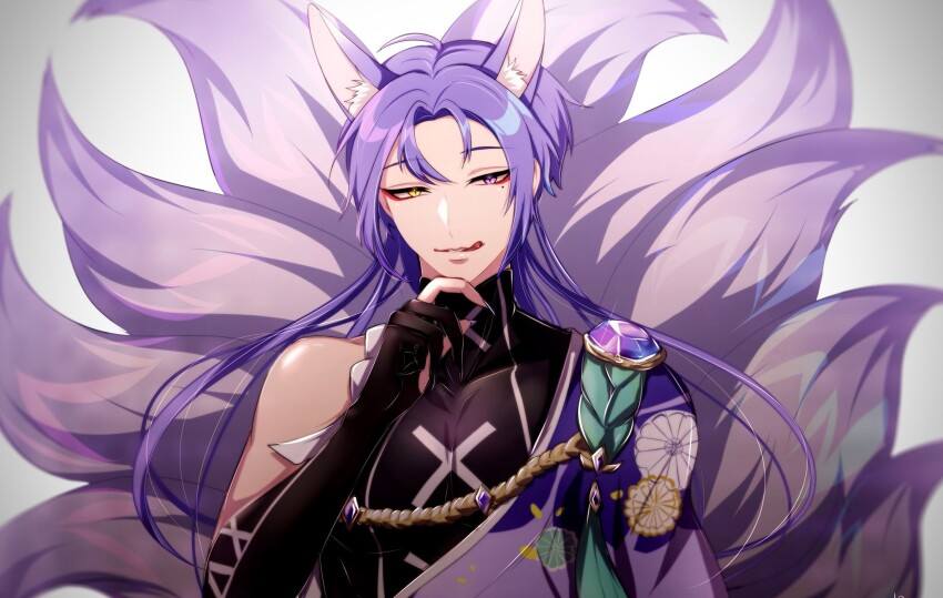 1boy :q animal_ear_fluff animal_ears bare_shoulders blurry depth_of_field eyeshadow finger_on_chin finger_to_mouth fox_boy fox_ears fox_tail gloves half_gloves hand_on_chin heterochromia highres jewel kitsune kuya_(nu_carnival) licking licking_lips long_hair looking_at_viewer makeup male_focus mole mole_under_eye nail_polish narrowed_eyes nu_carnival purple_eyes purple_fur purple_hair smile smug solo source_request tail tongue tongue_out upper_body yadome810 yellow_eyes