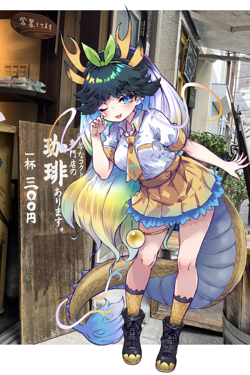 1girl :3 :p animal_ears black_boots black_hair blonde_hair blue_eyes boots bow collared_shirt dragon_tail extra_ears frilled_skirt frilled_socks frills giraffe_ears giraffe_horns green_bow green_hair hair_bow highres horns japari_symbol kemono_friends kirin_(kemono_friends) kolshica letterboxed long_hair multicolored_hair necktie one_eye_closed photo_background pleated_skirt scales school_uniform shirt short_sleeves skirt socks solo standing tail thigh_strap tongue tongue_out translation_request white_hair white_shirt yellow_necktie yellow_skirt yellow_socks yellow_trim
