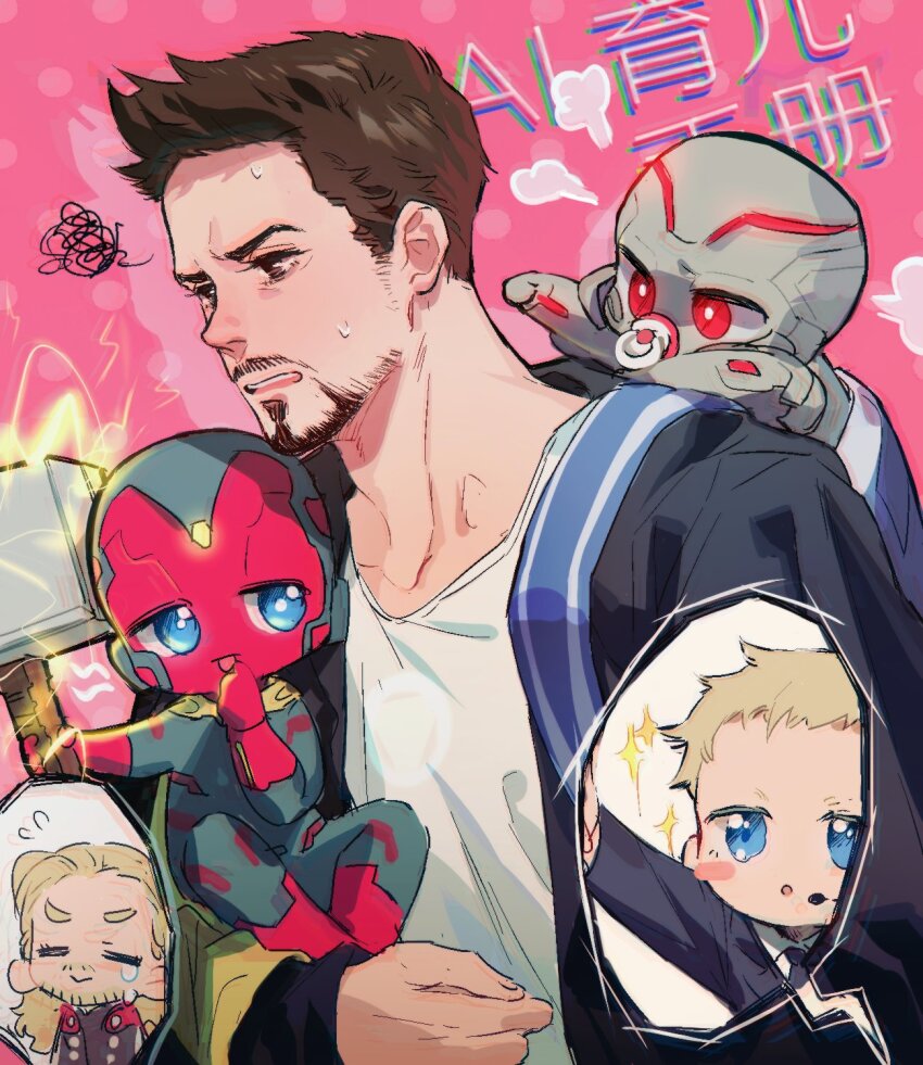 5boys animification arm_up armor avengers:_age_of_ultron avengers_(series) bag beard black_armor black_jacket black_necktie blonde_hair blue_bag blue_eyes blush_stickers bodysuit brown_eyes brown_hair cape closed_eyes closed_mouth collarbone collared_jacket collared_shirt colored_skin commentary crying facial_hair fatherly fingernails flying_sweatdrops formal_clothes green_bodysuit green_skin grey_skin hand_up highres holding holding_weapon hood hooded_jacket jacket jarvis_(mcu) lightning long_hair long_sleeves looking_at_another male_focus marvel marvel_cinematic_universe microphone mjolnir_(marvel) multicolored_skin multiple_boys necktie open_clothes open_jacket open_mouth pink_background polka_dot polka_dot_background qin_(7833198) red_cape red_eyes red_skin shadow shirt short_hair sitting sparkle suit sweatdrop symbol-only_commentary t-shirt tears teeth thor_(marvel) tongue tongue_out tony_stark ultron v-shaped_eyebrows vision_(marvel) weapon white_shirt
