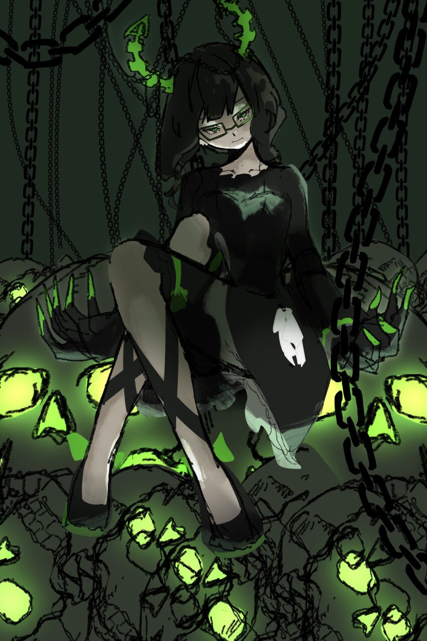 1girl absurdres black_dress black_hair black_leggings black_rock_shooter chain dead_master dress glasses green_eyes green_horns highres horns kamukam48773212 leggings medium_hair pile_of_skulls skeletal_hand skull solo