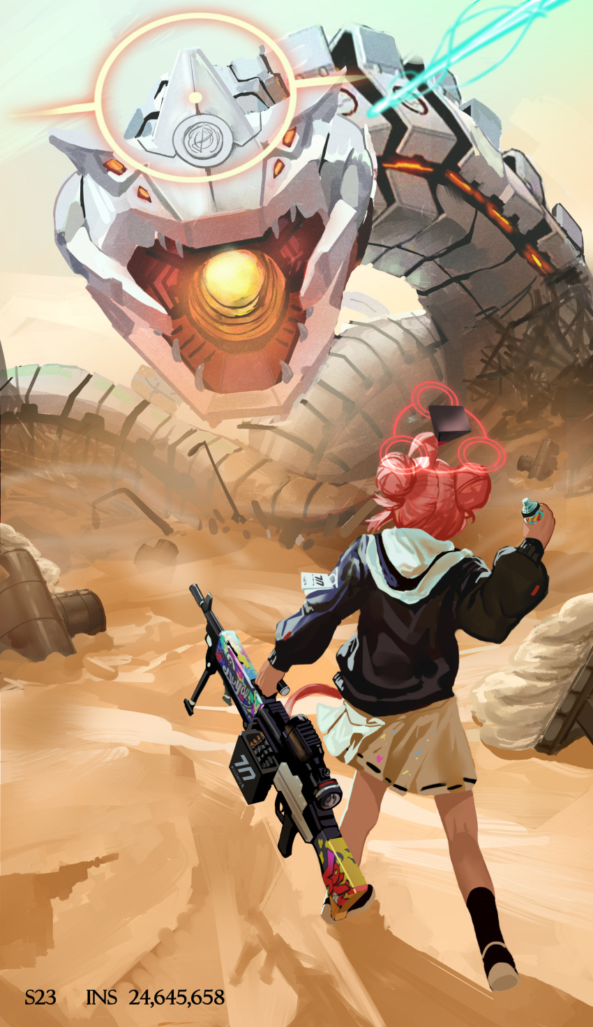 1girl absurdres ahoge aircctzillie battle binah_(blue_archive) black_jacket blue_archive desert general_dynamics_lwmmg gun halo highres holding holding_gun holding_weapon jacket machine_gun machinery maki_(blue_archive) outdoors pleated_skirt red_hair red_halo sand school_uniform skirt weapon yellow_halo