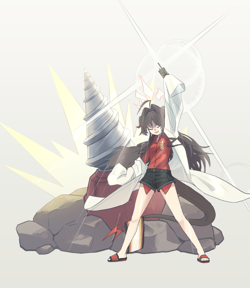 1girl absurdres ahoge black_hair black_horns black_shorts black_tail blue_archive closed_eyes coat coat_partially_removed collared_shirt demon_horns demon_tail detonator drill full_body gradient_background hair_intakes highres horns kabanoki kamina_pose kasumi_(blue_archive) lab_coat long_hair long_sleeves long_tail parody pointing pointing_up red_shirt sandals shirt shirt_tucked_in shorts simple_background sleeves_past_fingers sleeves_past_wrists smile solo tail tengen_toppa_gurren_lagann very_long_hair white_coat