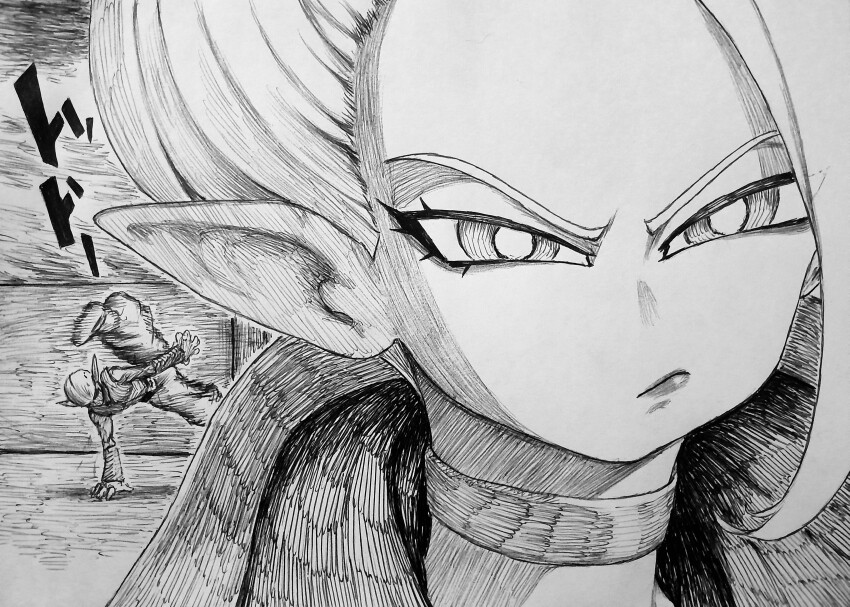 1boy 1girl absurdres breakdance choker chronozbergh dancing dr._arinsu dragon_ball dragon_ball_daima greyscale highres lipstick majin_kuu makeup monochrome pointy_ears single_bang sound_effects squinting traditional_media unamused