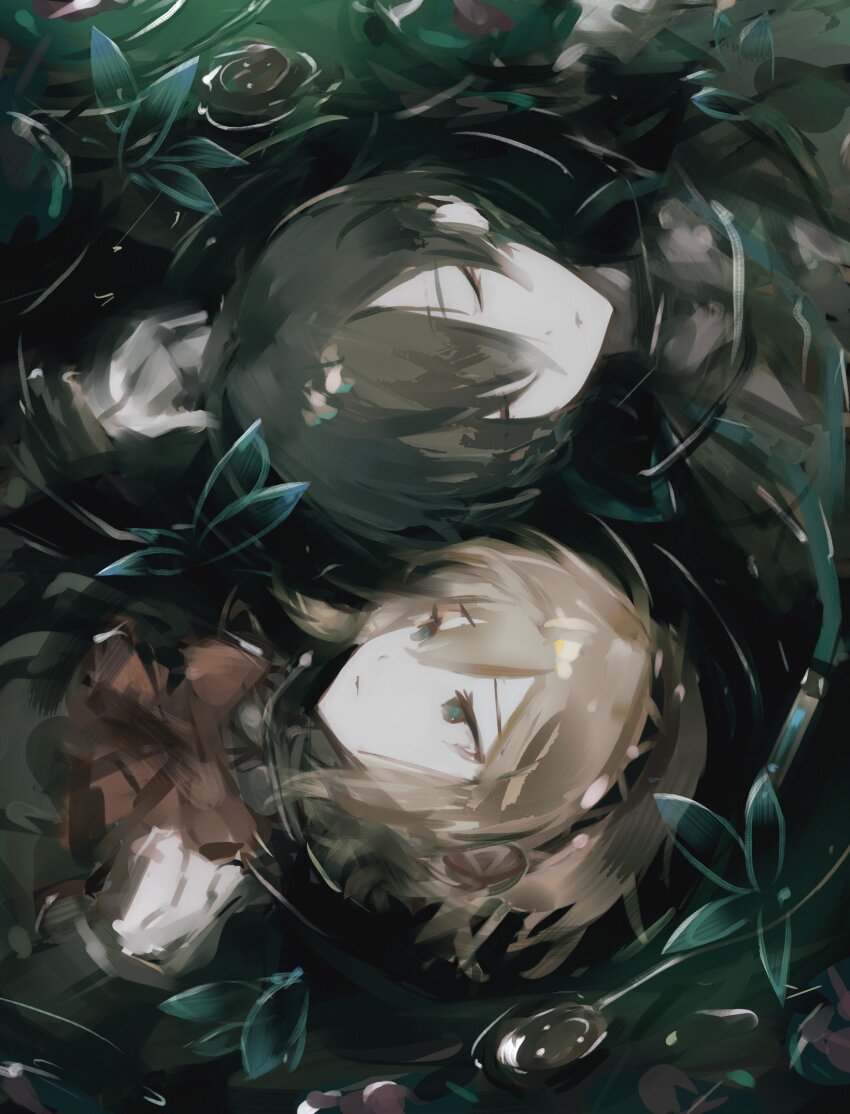 1boy 1girl aigis_(persona) android black_hair blonde_hair blue_eyes bow closed_eyes commentary_request gold_hairband hairband hand_on_another&#039;s_head highres k1kiwa looking_at_another lying on_back partially_submerged persona persona_3 portrait red_bow ripples robot_ears rotational_symmetry sideways water yuuki_makoto_(persona_3)