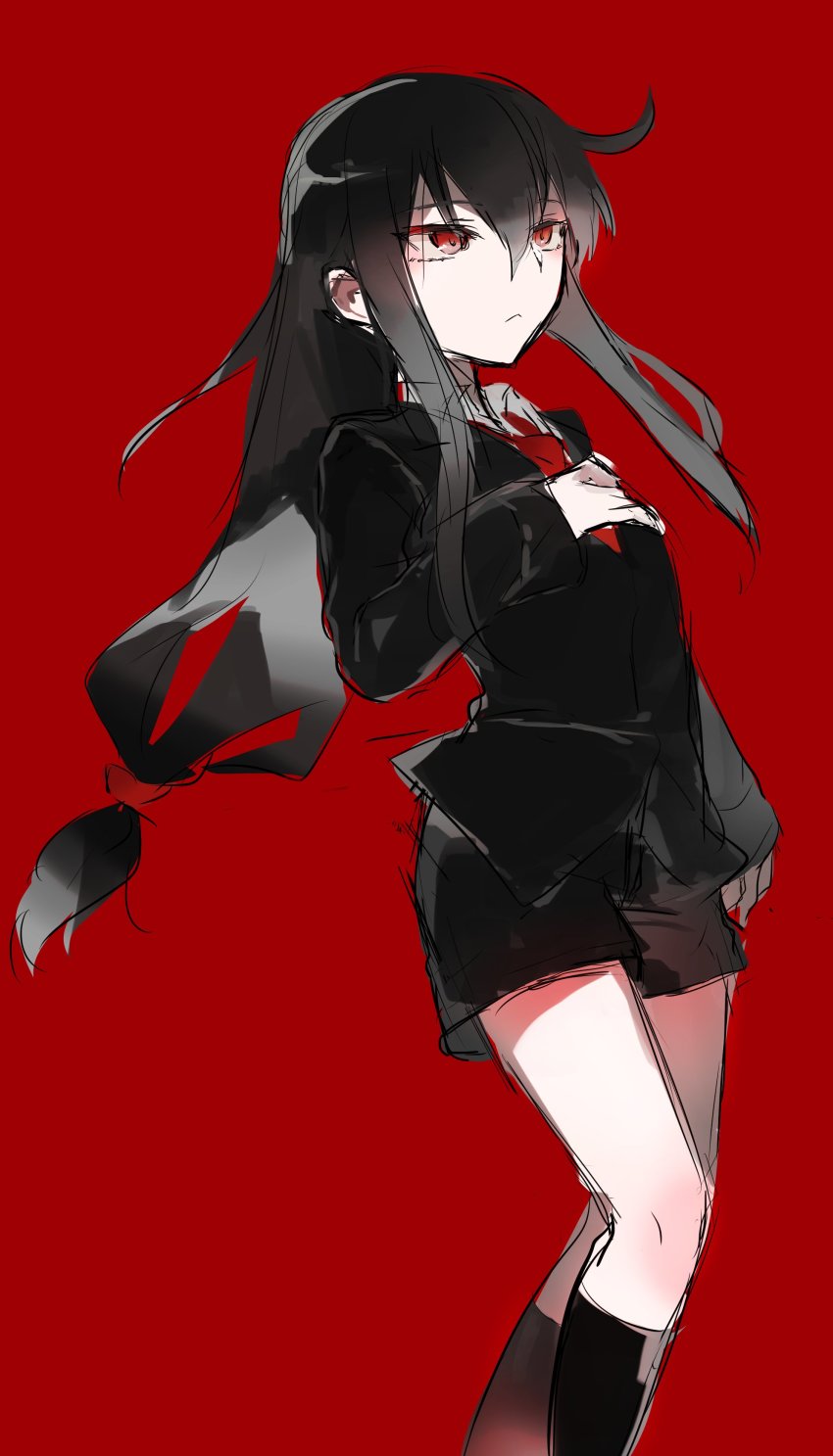 1girl absurdres agtt25333 black_hair black_jacket black_socks blazer closed_mouth collared_shirt expressionless feet_out_of_frame female_focus hair_between_eyes hair_tie hand_on_own_chest hatsushimo_(kancolle) highres jacket kantai_collection kneehighs long_hair long_sleeves low-tied_long_hair necktie red_background red_eyes red_necktie shirt shorts sidelocks simple_background socks solo white_shirt