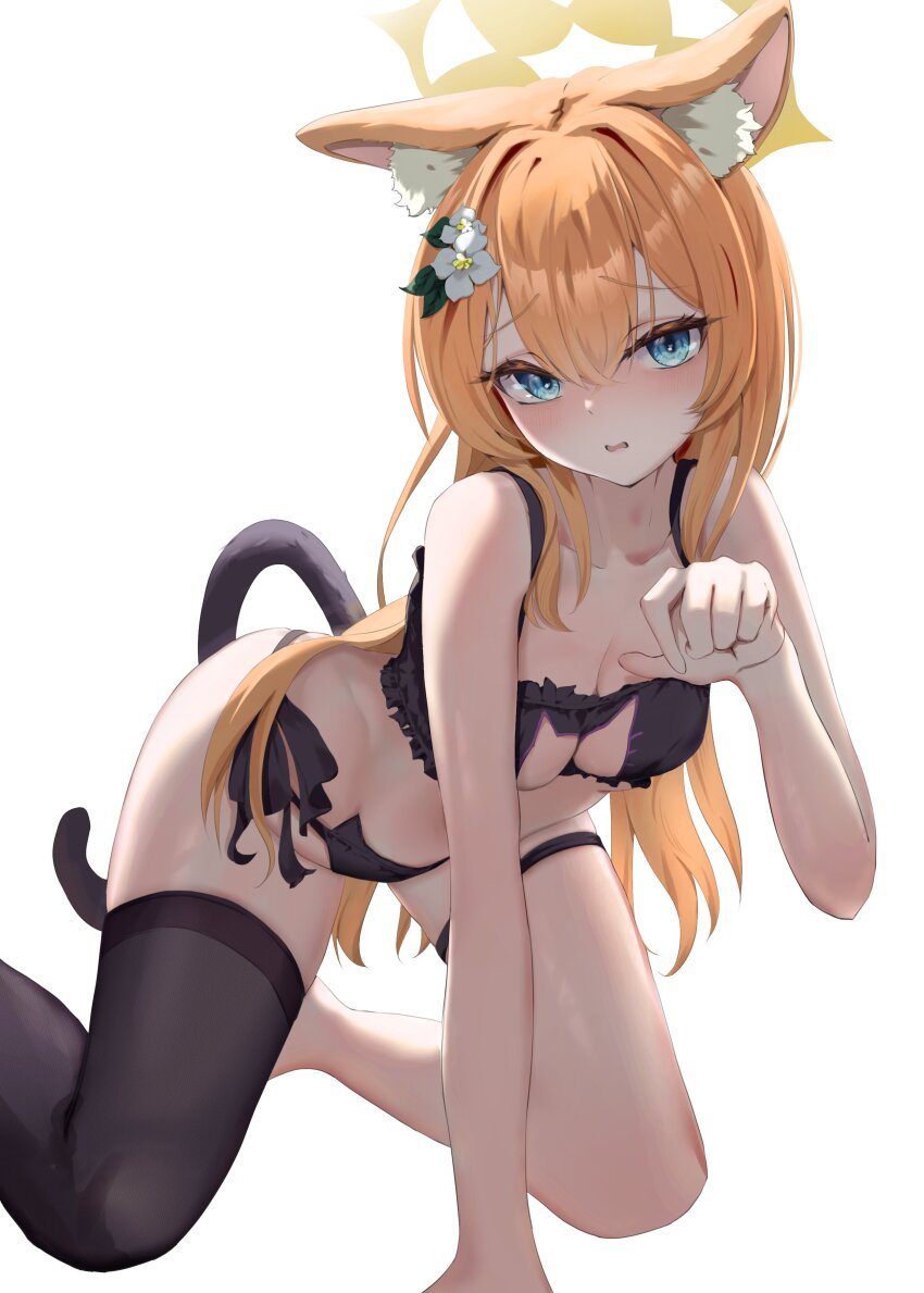 1girl absurdres all_fours alternate_costume animal_ear_fluff animal_ears animal_hands black_bra black_panties black_thighhighs blue_archive bra breasts cat_cutout cat_ear_panties cat_ears cat_lingerie cat_tail cleavage_cutout clothing_cutout commentary_request eco_mak1 flower frilled_bra frills hair_flower hair_ornament halo highres long_hair looking_at_viewer mari_(blue_archive) meme_attire orange_hair panties paw_pose revision side-tie_panties simple_background solo tail thighhighs underwear underwear_only white_background white_flower yellow_halo