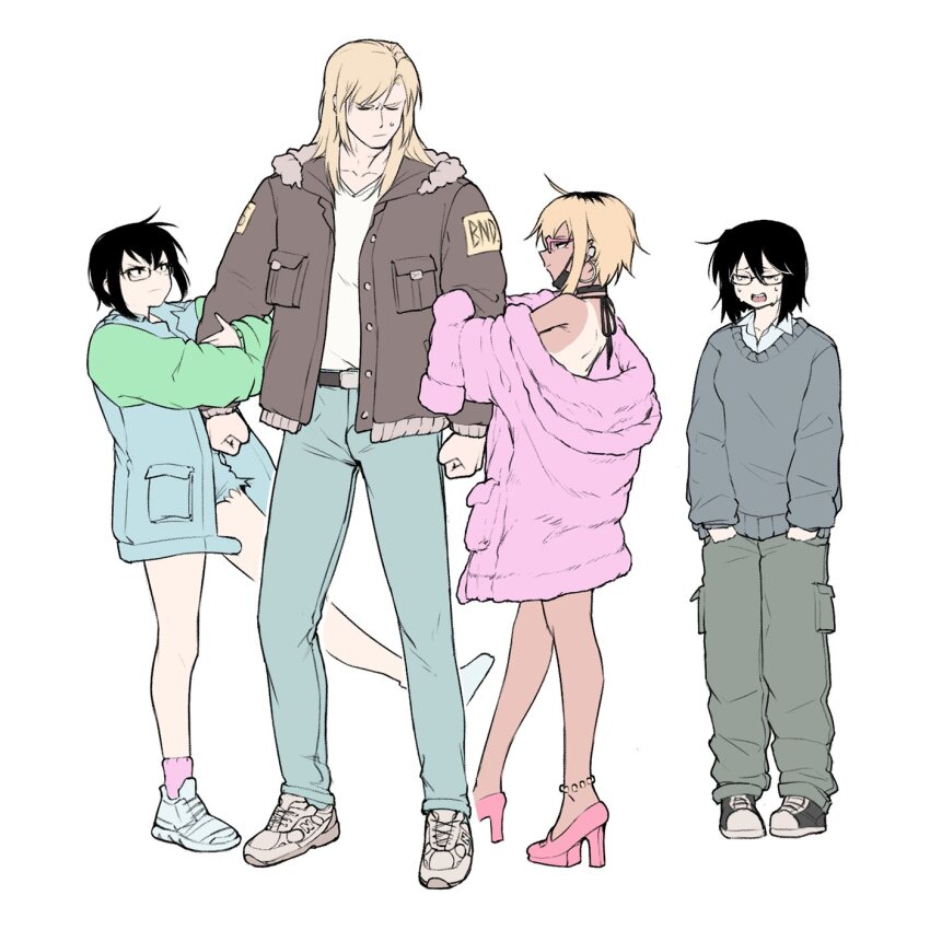 1boy 3girls anklet arm_hair bikini_tan black_hair blonde_hair blue_eyes breasts brown_hair cargo_pants choker commentary crying denim denim_shorts earrings english_commentary glasses grey_shirt gyaru halterneck high_heels highres hoop_earrings jacket jeans jewelry medium_breasts medium_hair multicolored_hair multicolored_jacket multiple_girls multiple_persona original pants pink_jacket roots_(hair) shirt shoes short_shorts shorts sleeves_past_wrists sneakers tan tanline tears torn_clothes torn_shorts two-tone_hair two-tone_jacket yblndr