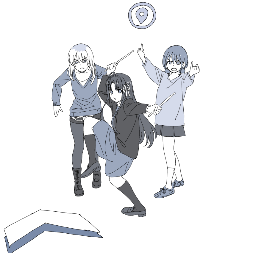 3girls awa_subaru drumsticks girls_band_cry google_maps highres holding holding_drumsticks iseri_nina kawaragi_momoka limited_palette long_hair multiple_girls onsen_tamago_(hs_egg) pantyhose pantyhose_under_shorts photo-referenced pinky_out shorts white_background