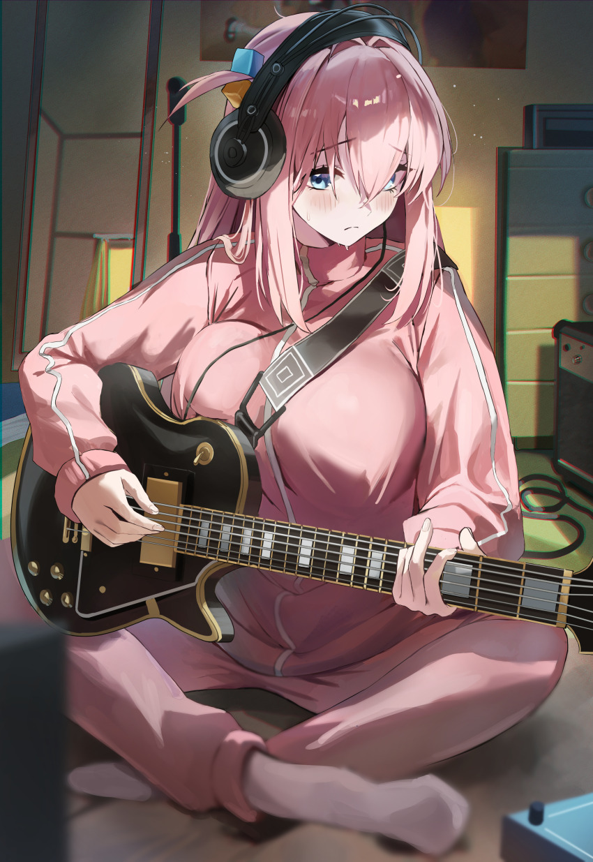 1girl :c absurdres amplifier blue_eyes blurry blurry_foreground blush bocchi_the_rock! breast_press breasts chromatic_aberration closed_mouth commentary cube_hair_ornament curtains dotthebot electric_guitar fingernails gibson_les_paul gotoh_hitori guitar hair_between_eyes hair_ornament headphones highres holding holding_guitar holding_instrument huge_breasts indian_style indoors instrument jacket long_hair long_sleeves mirror music no_shoes one_side_up pants pink_hair pink_jacket pink_pants pink_socks playing_instrument poster_(object) reflection single_loose_sock sitting sleeves_past_wrists socks solo sweat