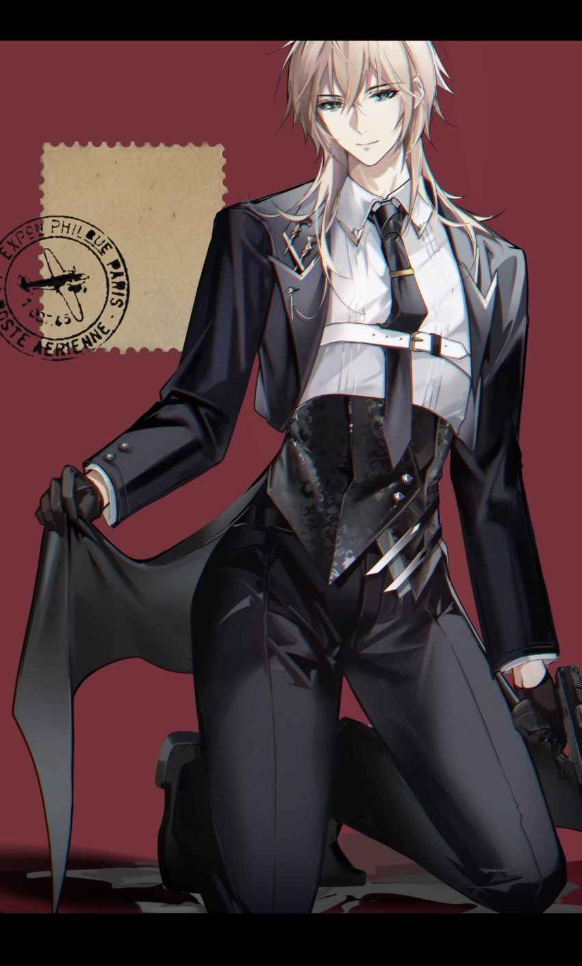 1boy alkaid_mcgrath belt black_border black_gloves black_jacket black_necktie black_pants black_shoes blonde_hair border chest_belt clothes_lift collared_shirt cropped_jacket cummerbund full_body gloves green_eyes gun hair_between_eyes handgun highres holding holding_gun holding_weapon jacket jiuchuansi kneeling lapel_pin lapels letterboxed long_sleeves looking_at_viewer lovebrush_chronicles male_focus medium_hair necktie notched_lapels open_clothes open_jacket pants postage_stamp postmark red_background shirt shoes smile solo suit_jacket tailcoat tie_clip weapon white_belt white_shirt