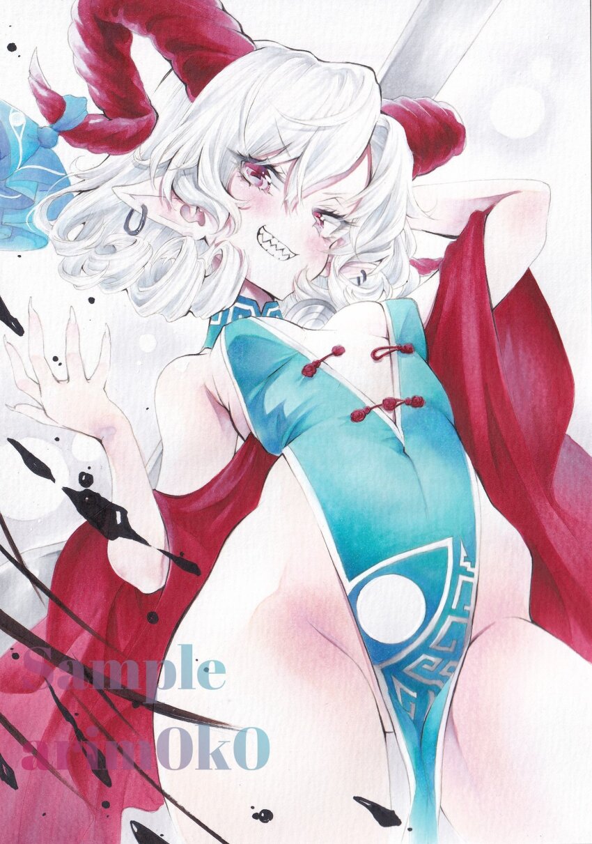 1girl arim0k0 arm_behind_head blue_dress breasts commentary_request covered_navel cowboy_shot curly_hair detached_sleeves dress earrings eye_print fingernails grin highres holding holding_spork hoop_earrings horns jewelry looking_at_viewer medium_hair no_panties oversized_object pelvic_curtain petroleum pointy_ears red_eyes red_horns red_sleeves sample_watermark sharp_fingernails sharp_teeth sheep_horns sideless_dress small_breasts smile solo spork teeth touhou toutetsu_yuuma v-shaped_eyebrows watermark white_hair