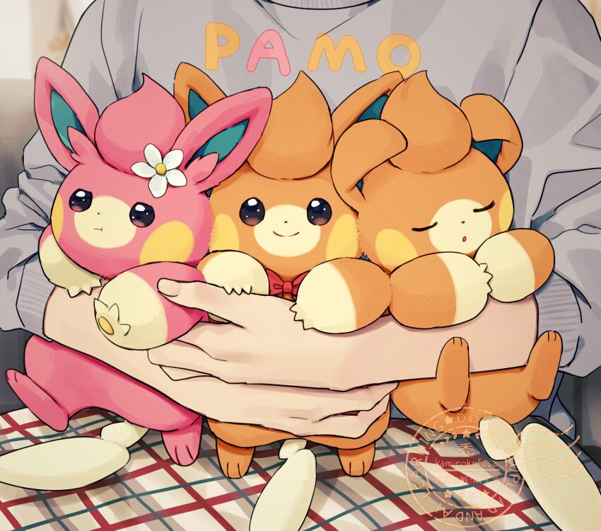 1other alternate_color artist_name bow bright_pupils brown_eyes character_name closed_eyes flower grey_sweater hair_flower hair_ornament head_out_of_frame highres hug hug_from_behind kaminokefusa looking_at_viewer looking_to_the_side nintendo orange_fur pawmo pink_fur pokemon pokemon_(creature) pokemon_focus pout red_bow shiny_pokemon sleeping smile sweater tablecloth watermark white_flower