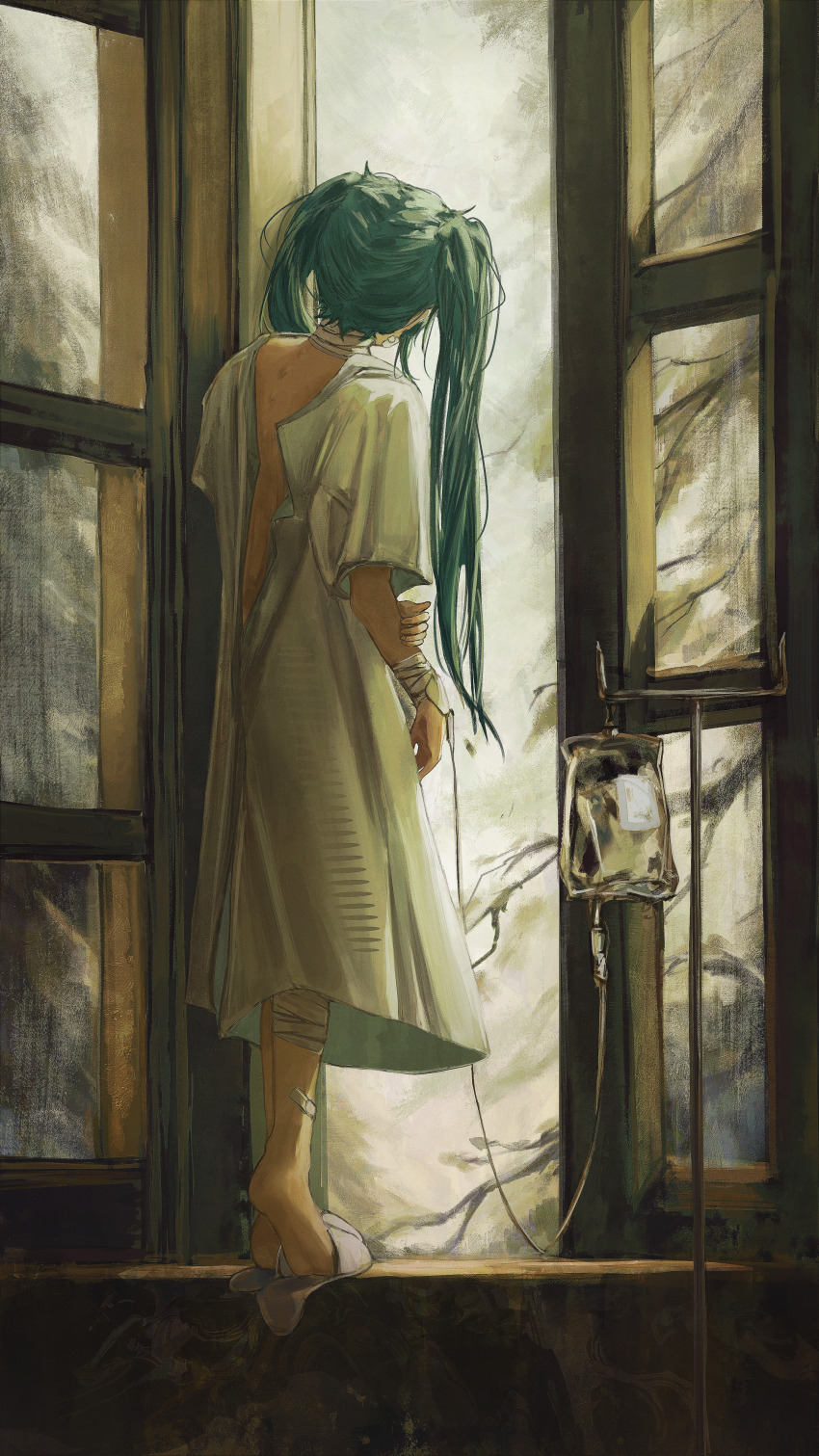 1girl absurdres aqua_hair bandaged_arm bandaged_leg bandaged_neck bandages dress from_behind hatsune_miku highres hospital_gown intravenous_drip kolario long_hair slippers solo twintails vocaloid white_dress