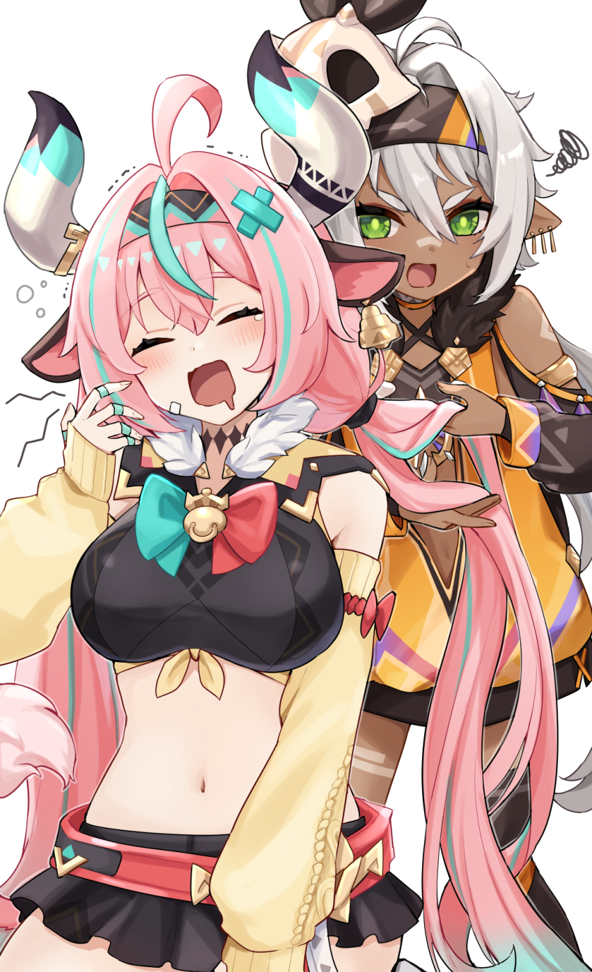 2girls ahoge animal_ears aqua_hair bare_shoulders blush braid breasts cow_ears cow_girl cow_horns cow_tail dark_skin dress frown genshin_impact green_eyes headband highres horns iansan_(genshin_impact) large_breasts long_hair multicolored_hair multiple_girls open_mouth pink_hair pointy_ears skirt sweatdrop tail tears twintails ura_(hamburg_oniku) varesa_(genshin_impact) very_long_hair white_hair yawning