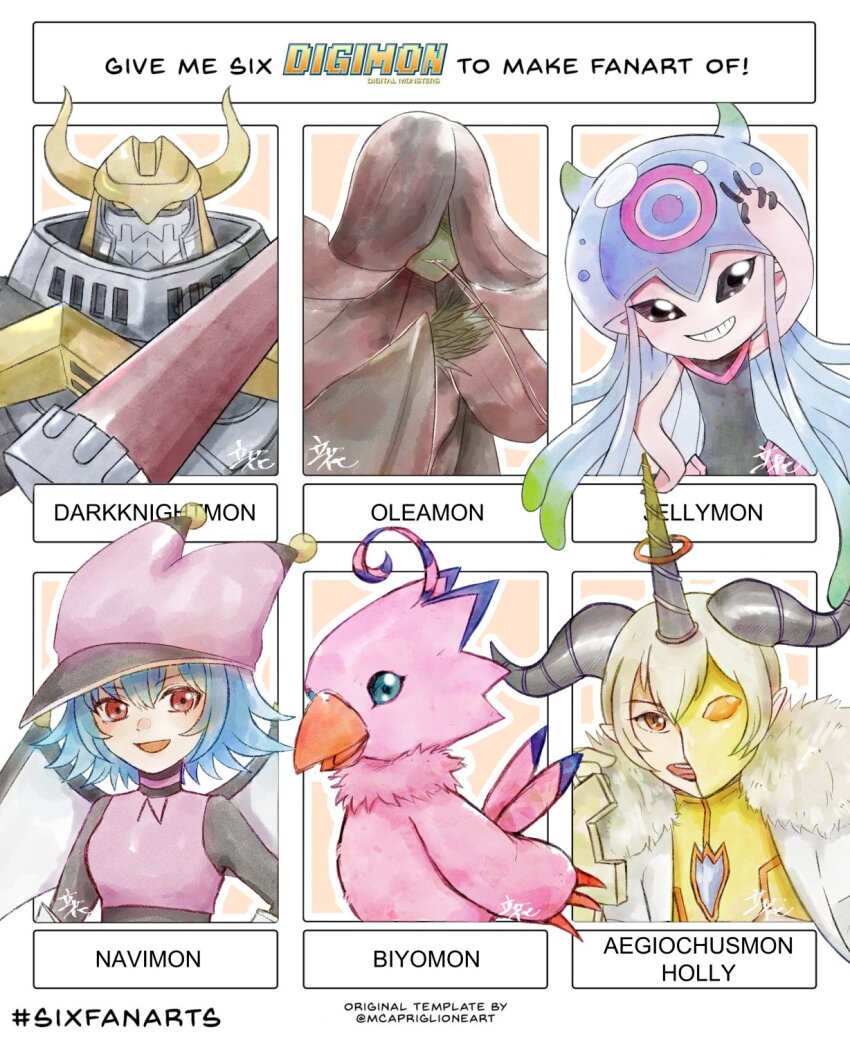 aegiochusmon_holy darkknightmon digimon highres jellymon multiple_drawing_challenge navimon_(digimon) oleamon piyomon rikka_(tcbn_18) six_fanarts_challenge