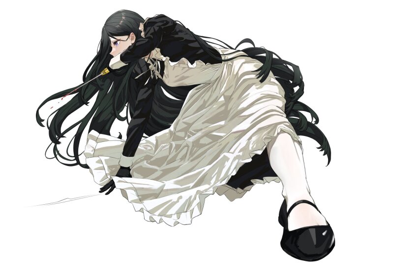 1girl apron arm_support bent_over black_dress black_gloves black_hair black_shoes blood blood_drip bloody_weapon covering_own_mouth dagger dress floating_hair foreshortening frills full_body gloves hair_behind_ear hand_on_floor hand_up highres holding holding_dagger holding_knife holding_weapon juliet_sleeves knife long_dress long_hair long_sleeves maid maid_apron mary_janes on_one_knee original pantyhose puffy_sleeves purple_eyes ribbon sawatani_(_swt2) shoes simple_background sliding solo very_long_hair weapon white_apron white_background white_pantyhose white_wrist_cuffs wrist_cuffs