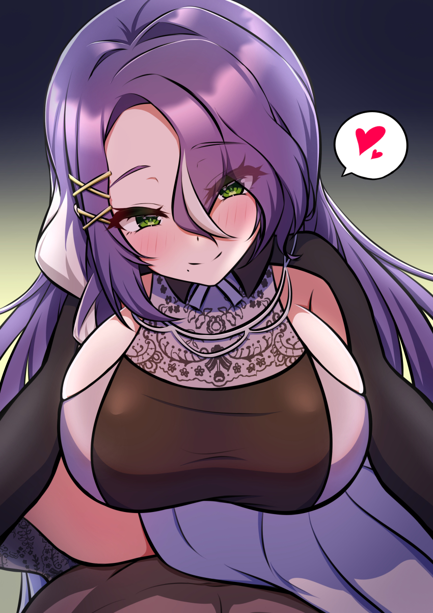 1girl absurdres blush breasts cowgirl_position green_eyes hair_ornament highres huge_breasts largamente_(monster_strike) long_hair mole mole_under_mouth monster_strike pov purple_hair ririsu082 sideboob simple_background spread_legs straddling