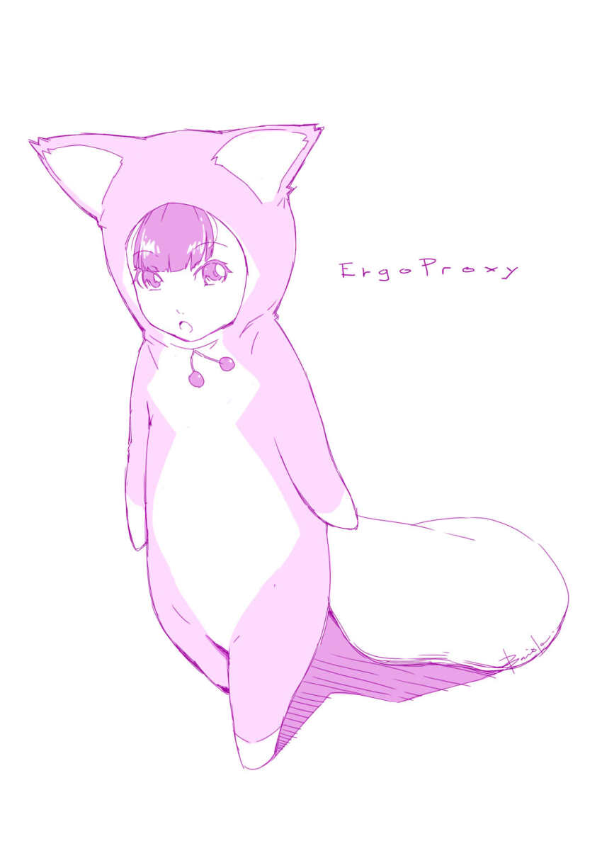 1girl animal_costume animal_hood baiola ergo_proxy full_body highres holding holding_sack hood looking_at_viewer monochrome open_mouth pino_(ergo_proxy) purple_hair sack short_hair simple_background solo white_background