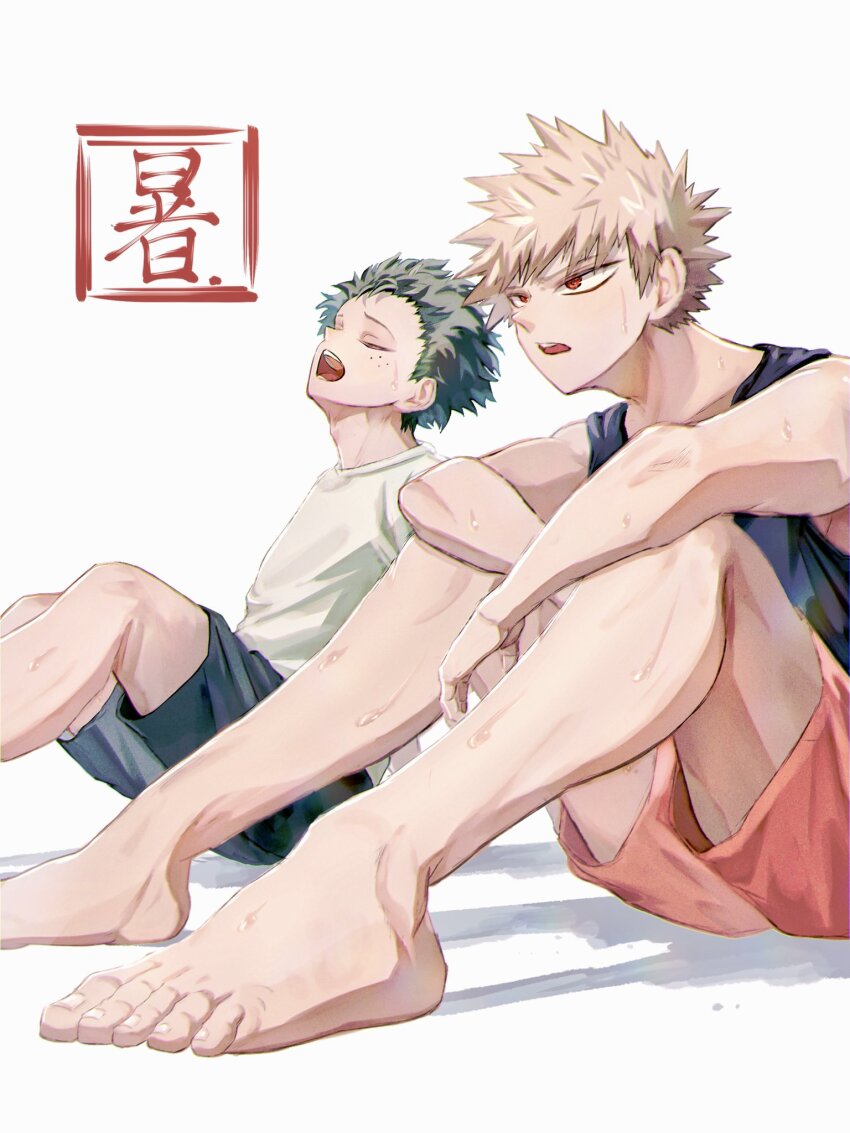 2boys adam&#039;s_apple arms_on_knees bakugou_katsuki bare_shoulders barefoot black_shorts black_tank_top blonde_hair boku_no_hero_academia closed_eyes commentary_request feet_out_of_frame freckles green_hair head_back highres hot knees_up looking_ahead male_focus midoriya_izuku multiple_boys open_mouth orange_shorts red_eyes shadow short_hair shorts sitting sweat tank_top teeth toenails uni_ssansyo upper_teeth_only very_sweaty white_background