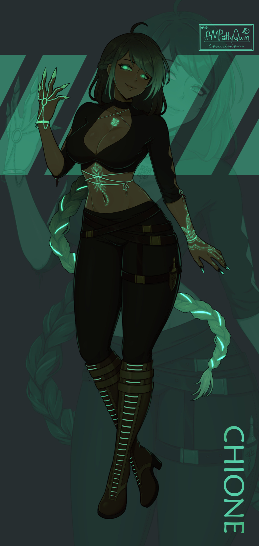 1girl absurdres ahoge aqua_eyes artist_name black_pants boots bracelet braid breasts brown_boots chest_tattoo cleavage cleavage_cutout closed_mouth clothing_cutout collarbone commission cropped_shirt dark-skinned_female dark_skin flower_tattoo glowing_nails glowing_tattoo grey_hair hand_tattoo highres iampatty jewelry knee_boots lips long_braid long_hair multicolored_hair navel original pants second-party_source solo stomach_tattoo streaked_hair tattoo