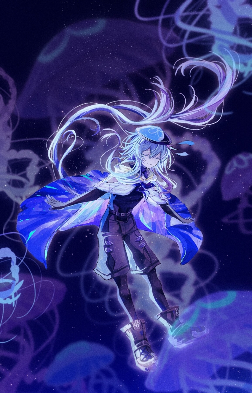 1boy animal ankle_boots arknights belt black_belt black_boots black_gloves black_pantyhose black_shirt black_shorts blue_hair blue_hat boots cape chinese_commentary closed_eyes closed_mouth commentary_request elbow_gloves floating floating_hair gloves hair_between_eyes hat highres jellyfish light_particles long_hair male_focus mizuki_(arknights) multicolored_hair pantyhose pink_hair purple_cape shirt shorts smile solo two-tone_hair very_long_hair wangchuan