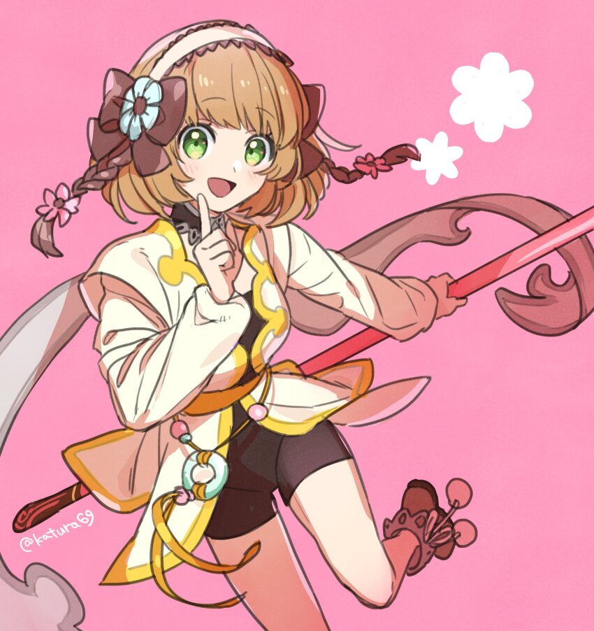 1girl :d absurdres bike_shorts braid brown_hair frilled_hairband frills gold_trim green_eyes hairband highres holding holding_staff jacket katsura_ichiho leia_rolando looking_at_viewer medium_hair open_mouth pink_background smile solo staff tales_of_(series) tales_of_xillia twin_braids white_jacket