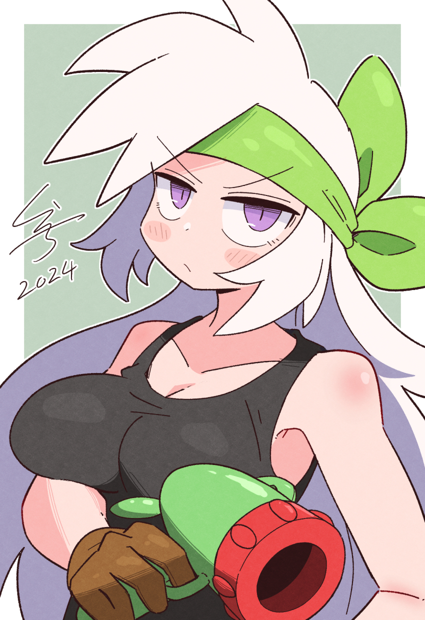 1girl 2024 bandana black_tank_top breasts brown_gloves commentary_request gloves green_background green_bandana gun highres holding holding_gun holding_weapon kirby:_right_back_at_ya! kirby_(series) kurachi_mizuki large_breasts light_blush light_frown long_hair nintendo personification purple_eyes signature simple_background sirica_(kirby) solo spiked_hair tank_top upper_body v-shaped_eyebrows very_long_hair weapon white_hair