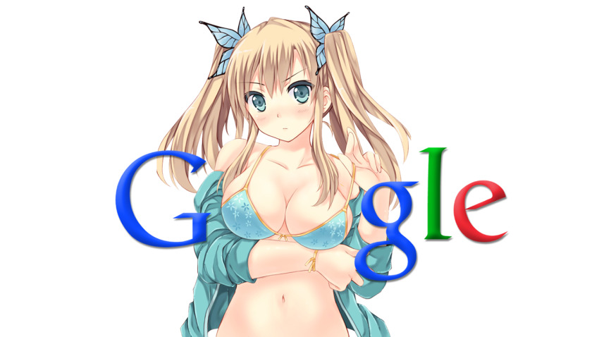 1girl angry arm_under_breasts bikini bikini_top_only blonde_hair blue_bikini blue_eyes blue_jacket blush boku_wa_tomodachi_ga_sukunai bottomless breasts butterfly_hair_ornament floral_print google hair_ornament head_tilt jacket kashiwazaki_sena large_breasts long_hair long_sleeves looking_at_viewer navel open_clothes open_jacket print_bikini swimsuit twintails upper_body white_background
