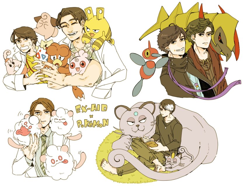 6+boys absurdres alolan_form alolan_meowth alolan_persian anger_vein armor axe barefoot black_coat black_eyes black_hair black_shirt blue_shirt book brown_coat brown_hair brown_shirt cat claws cleffa closed_eyes closed_mouth coat coat_on_shoulders coin collared_shirt cotton_candy crossover cuddling curly_hair dragon egg eggshell elekid fangs floating floral_print game_freak gen_2_pokemon gen_4_pokemon gen_5_pokemon gen_6_pokemon gen_7_pokemon gold_coin grass green_necktie green_pants grin happiny hawaiian_shirt haxorus highres holding holding_book igglybuff jewelry kamen_rider kamen_rider_ex-aid_(series) lab_coat lizard magby multicolored_hair multiple_boys name_tag necklace necktie nintendo on_grass orb pants pokemon pokemon_(creature) porygon-z reading red_eyes shirt sitting sleeping smile swirlix togepi tongue tongue_out tooth_necklace tug two-tone_hair ume_tuube ume_tuuube veins whiskers white_background white_hair yaoi yellow_eyes yellow_shirt