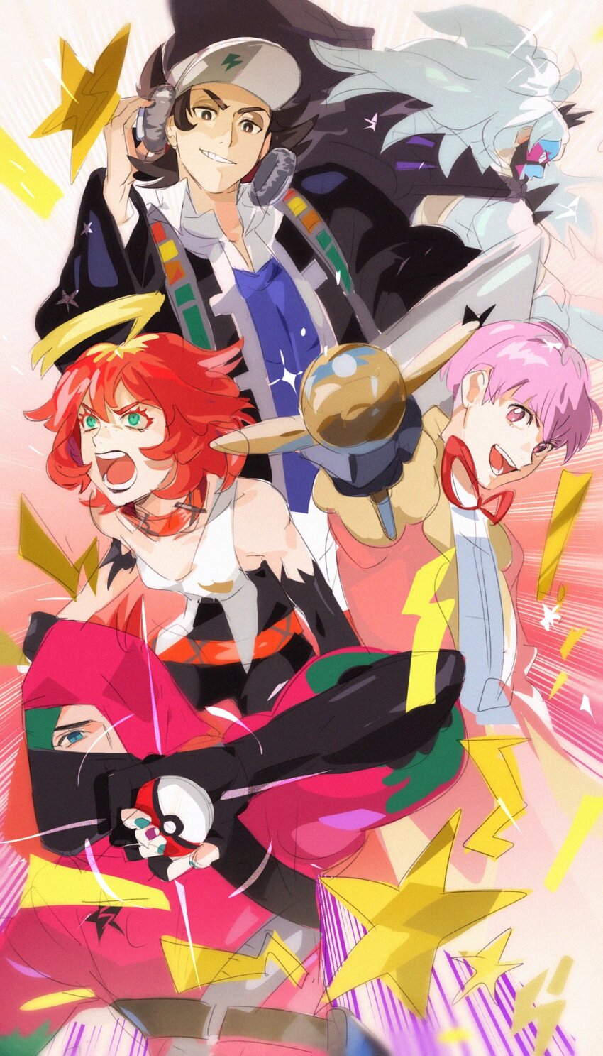 2girls 3boys ahoge atticus_(pokemon) black_jacket blonde_hair blue_vest bright_pupils ch_walnut collar collared_shirt eri_(pokemon) eyelashes giacomo_(pokemon) gloves green_eyes grin hand_up hat headphones highres holding holding_poke_ball jacket looking_down mela_(pokemon) multiple_boys multiple_girls nail_polish nintendo open_mouth ortega_(pokemon) pink_hair pink_jacket pointy_hair poke_ball poke_ball_(basic) pokemon pokemon_sv red_hair shirt smile star_(symbol) team_star teeth tongue vest white_shirt white_vest