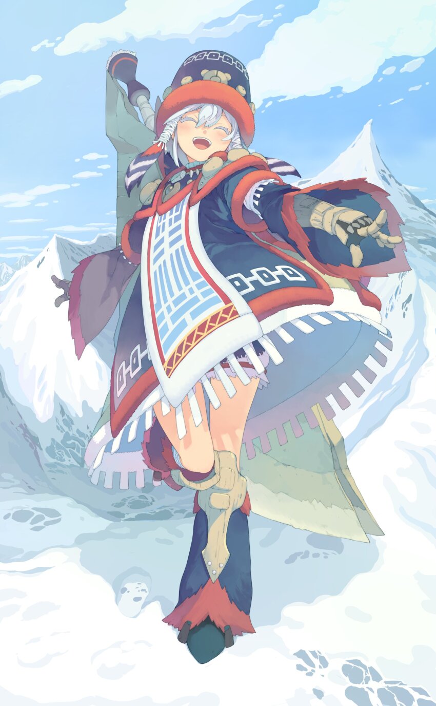 1girl :d absurdres armor arms_at_sides blue_dress blue_hat blue_sky blush boots coat commentary day dress footprints from_below full_body fur gammoth_(armor) gauntlets grey_hair hair_between_eyes hair_tubes hat highres holding_behind_back holding_weapon_behind_back huge_weapon leg_up leg_warmers monster_hunter_(character) monster_hunter_(series) monster_hunter_x morino_hon mountain open_mouth outdoors short_hair sky smile snow solo standing standing_on_one_leg sword sword_on_back symbol-only_commentary tabard traditional_clothes upskirt weapon weapon_on_back white_hair wide_sleeves