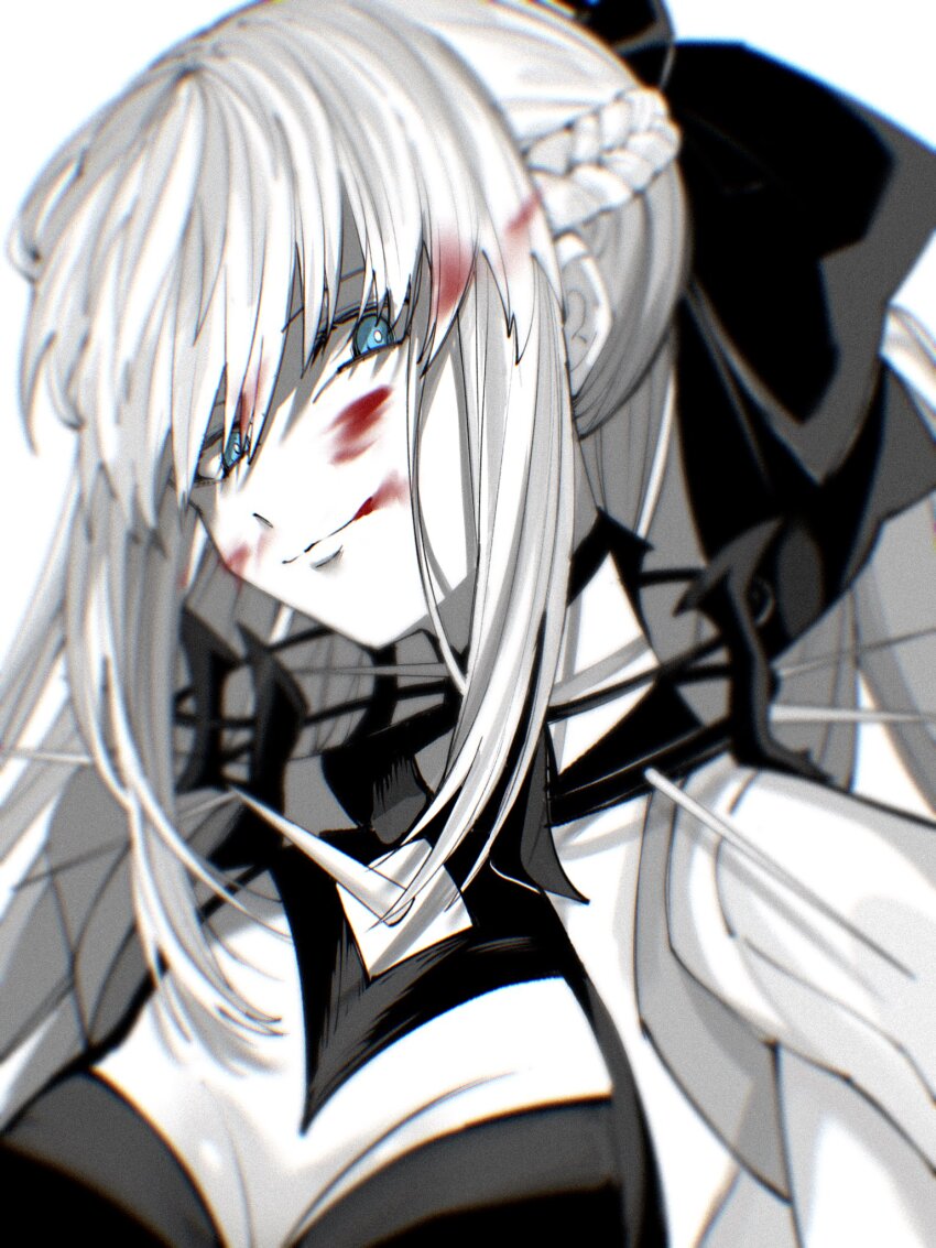 1girl black_bow blood blood_on_face blue_eyes bow euhage73 fate/grand_order fate_(series) hair_between_eyes hair_bow highres long_hair looking_at_viewer monochrome morgan_le_fay_(fate) morgan_le_fay_(third_ascension)_(fate) ponytail simple_background smile solo spikes white_hair
