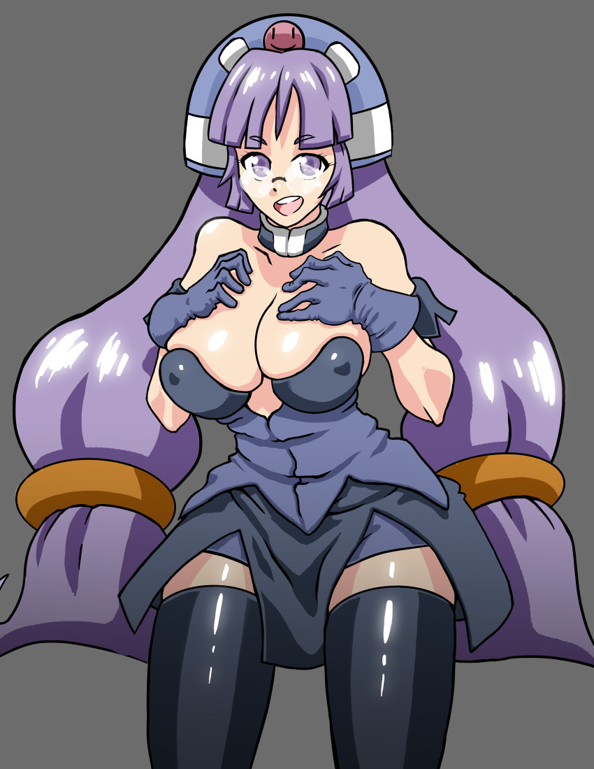 1girl breasts cleavage glasses gluko large_breasts mon_colle_knights purple_eyes purple_hair rokumon_tengai_mon_colle_knight simple_background tagme