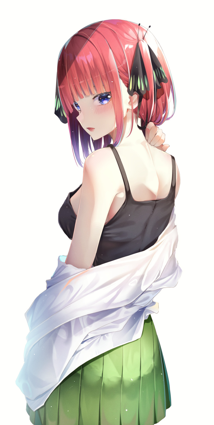 1girl absurdres black_tank_top blunt_bangs blush bow clothes_pull go-toubun_no_hanayome green_skirt hair_bow highres looking_at_viewer looking_back nakano_nino parted_lips pleated_skirt purple_eyes red_hair shirt shirt_pull simple_background skirt solo standing tank_top white_background white_shirt yuunamida_uyu