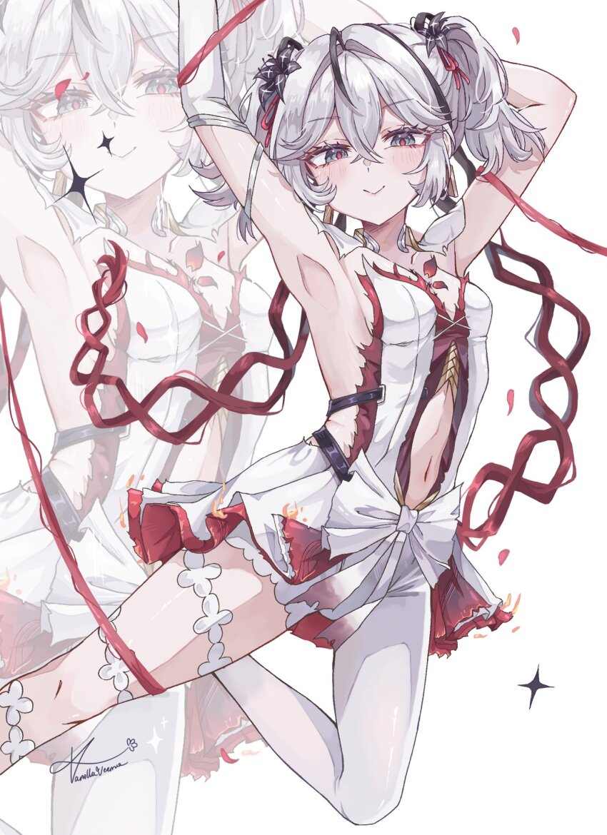 1girl armpits arms_up asymmetrical_clothes black_eyes black_flower blake_bloom_(wuthering_waves) breasts camellya_(wuthering_waves) closed_mouth clothing_cutout collar collarbone commentary dress earrings english_commentary flower gold_earrings hair_between_eyes hair_flower hair_ornament hair_vines highres jewelry light_blush medium_breasts navel pants red_pupils short_hair short_twintails sideless_dress single_pantsleg smile solo stomach stomach_cutout twintails vanillashiii white_collar white_dress white_pants wuthering_waves zoom_layer