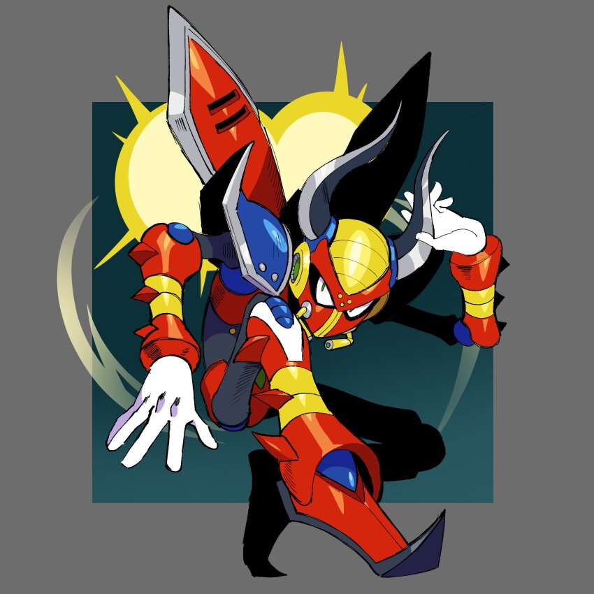 1boy armor arthropod_boy beetle_boy blade_horns blue_armor boomer_kuwanger_(mega_man) drawloverlala full_body gloves highres horns humanoid_robot legs_up looking_at_viewer male_focus mega_man_(series) mega_man_x1 mega_man_x_(series) multicolored_armor pauldrons red_armor robot shoulder_armor solo thrusters white_gloves wings yellow_armor