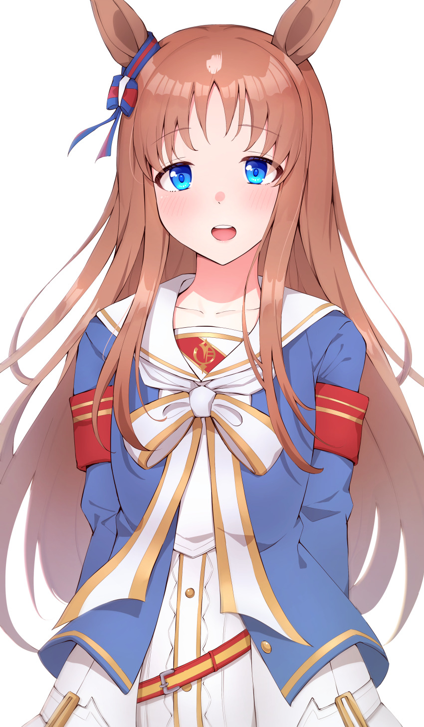 1girl absurdres animal_ears armband blue_eyes blue_jacket blush bow breasts brown_hair commentary_request cowboy_shot ear_ornament grass_wonder_(umamusume) highres horse_ears horse_girl jacket multicolored_hair open_mouth red_armband simple_background small_breasts smile solo streaked_hair teeth tsujiya_okuyasu umamusume upper_teeth_only white_background white_bow white_hair