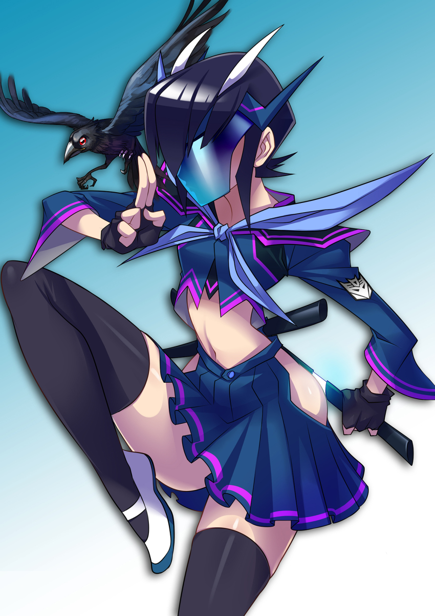 1girl bird black_gloves black_hair black_thighhighs blouse blue_background blue_hakama blue_neckerchief blue_shirt blue_skirt crow fingerless_gloves genderswap genderswap_(mtf) gloves gradient_background hakama hakama_short_skirt hakama_skirt hand_up highres holding holding_sword holding_weapon humanization insignia japanese_clothes katana long_sleeves mask midriff miniskirt mouth_mask navel neckerchief ninja ninjutsu ryuusei_(mark_ii) school_uniform serafuku sheath shirt shoes short_hair skirt solo soundwave_(transformers) standing standing_on_one_leg sword thighhighs transformers transformers_prime unsheathing weapon white_shoes
