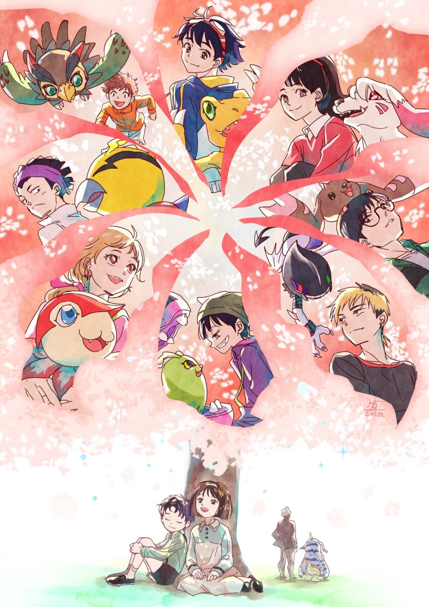 agumon digimon digimon_survive dracumon falcomon fangs floramon gabumon haru_(digimon_survive) highres hinata_minoru horns kayama_shuuji kimishima_saki kunemon labramon looking_at_another lopmon minase_miyuki momotsuka_takuma professor_(digimon_survive) shakomon shibuya_aoi shinonome_kaito shinonome_miu smile tominaga_ryo tree