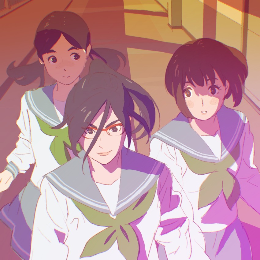 3girls 55bata6rou black_hair blue_sailor_collar blue_skirt brown_hair closed_mouth cowboy_shot glasses green_neckerchief hallway hibike!_euphonium highres indoors kitauji_high_school_uniform long_hair long_sleeves looking_at_another multiple_girls nakaseko_kaori neckerchief ogasawara_haruka parted_lips red-framed_eyewear road sailor_collar school_uniform semi-rimless_eyewear shirt short_hair skirt smile standing summer_uniform tanaka_asuka twintails walking white_shirt