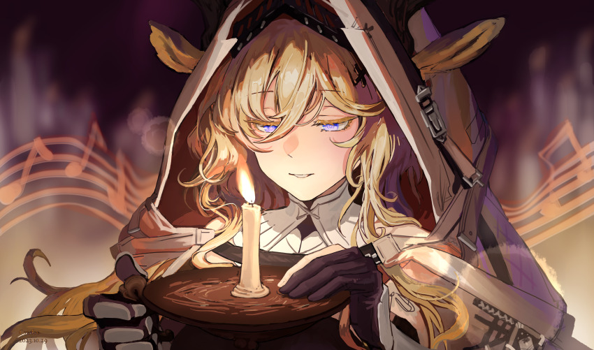 1girl absurdres animal_ears arknights armored_gloves artist_name black_gloves blonde_hair blurry blurry_background candle candlestand cape cawfee chinese_commentary colored_eyelashes commentary curly_hair dated deer_ears deer_girl ears_through_hood fire gauntlets gloves hair_between_eyes half-closed_eyes highres holding_candlestand hood hood_up hooded_cape long_hair musical_note musical_staff parted_lips partially_fingerless_gloves purple_eyes smile solo upper_body viviana_(arknights) white_hood