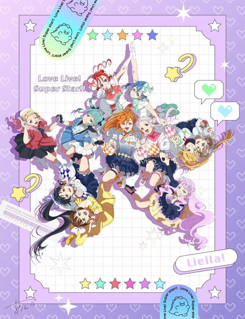 6+girls anko_(koshianko_7310) aqua_hair arashi_chisato barcode black_gloves black_hair blonde_hair blue_dress blue_eyes blue_hair blunt_bangs braid brown_eyes brown_hair bubble_rise_(love_live!) checkered_sleeves commentary_request copyright_name dazzling_game double_bun dress drop_shadow egao_no_promise elbow_gloves frilled_dress frills full_body gloves gradient_clothes gradient_dress gradient_hair green_eyes grey_hair grin group_name hair_bun hajimari_wa_kimi_no_sora hat hazuki_ren heanna_sumire heart high_ponytail highres holding_hands interlocked_fingers jacket long_hair long_sleeves love_live! love_live!_superstar!! multicolored_hair multiple_girls official_alternate_costume onitsuka_natsumi onitsuka_tomari open_clothes open_jacket orange_hair pink_hair pixel_heart ponytail puffy_long_sleeves puffy_sleeves purple_dress purple_eyes purple_hair red_dress red_eyes red_hair sakurakoji_kinako shibuya_kanon shooting_star_(symbol) short_dress short_hair short_hair_with_long_locks short_sleeves sleeveless sleeveless_dress smile special_color_(love_live!) speech_bubble spoken_heart star_(symbol) superstar!!_(love_live!) tang_keke twin_braids two-tone_hair very_long_hair wakana_shiki wavy_hair white_dress white_gloves white_hair white_hat wien_margarete yellow_dress yoneme_mei yuigao
