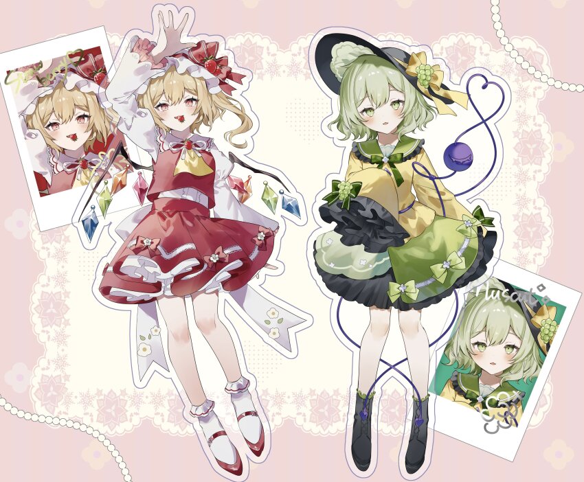 2girls absurdres arm_up ascot black_boots black_hat blonde_hair blush boots bow bow_skirt center_frills collared_shirt commentary_request crystal doily flandre_scarlet food frilled_sleeves frills fruit full_body grape_hat_ornament green_bow green_hair green_skirt hat hat_bow hat_ribbon heart heart_of_string highres juliet_sleeves komeiji_koishi long_hair long_sleeves looking_at_viewer mob_cap mouth_hold multiple_girls photo_(object) pink_background puffy_sleeves red_bow red_eyes red_shoes red_skirt red_vest ribbon shirt shoes short_hair skirt sleeves_past_fingers sleeves_past_wrists socks sorani_(kaeru0768) strawberry strawberry_hat_ornament third_eye touhou vest white_hat white_shirt white_socks wings yellow_ascot yellow_bow yellow_ribbon yellow_shirt