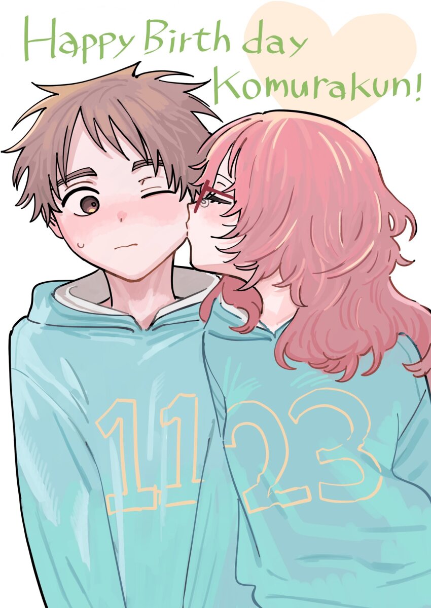 1boy 1girl aqua_hoodie blush brown_eyes brown_hair closed_mouth clothes_writing commentary_request english_text fujichika_koume glasses happy_birthday heart hetero highres hoodie kiss kissing_cheek komura_kaede long_hair matching_outfits mie_ai one_eye_closed pink_hair red-framed_eyewear short_hair simple_background sukinako_ga_megane_wo_wasureta sweat upper_body white_background