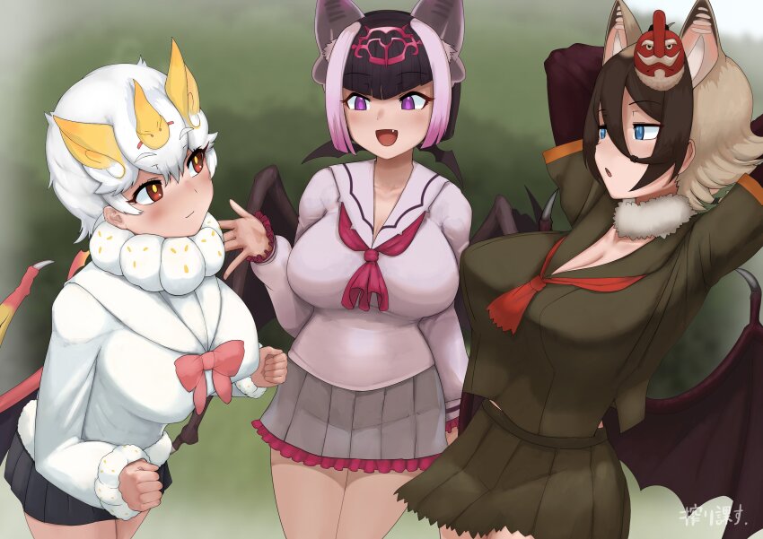 3girls absurdres animal_ears arm_at_side arms_behind_head arms_up bat_ears bat_girl bat_wings black_hair blue_eyes bow bowtie breasts brown_hair cleavage closed_mouth common_vampire_bat_(kemono_friends) cowboy_shot day detached_collar extra_ears fang fur-trimmed_sleeves fur_collar fur_trim grey_hair hair_between_eyes hair_ornament hand_up head_wings highres hilgendorf&#039;s_tube-nose_bat_(kemono_friends) honduran_white_bat_(kemono_friends) huge_breasts impossible_clothes impossible_shirt kemono_friends large_breasts leaning_forward looking_at_another mask mask_on_head medium_hair microskirt multicolored_hair multiple_girls multiple_wings open_mouth outdoors paid_reward_available parted_lips pink_hair pleated_skirt purple_eyes red_eyes shibori_kasu shirt skirt smile tengu_mask white_hair wings