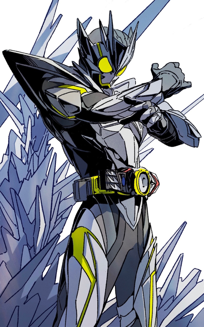 1boy armor bug rider_belt full_body glowing glowing_eyes grasshopper highres insect kamen_rider kamen_rider_01_(series) kamen_rider_zero-one looking_at_viewer male_focus metalcluster_hopper power_armor rider_belt solo spikes standing thighs tokusatsu y_a_m_a_y_a zero_one_driver