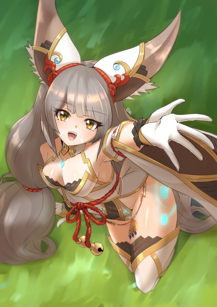 1girl absurdres animal_ears breasts cat_ears chest_jewel cleavage deekei detached_sleeves facial_mark grey_hair highleg highleg_leotard highres leotard long_hair looking_at_viewer low_twintails medium_breasts nia_(blade)_(xenoblade) nia_(xenoblade) nintendo smile solo thighhighs twintails very_long_hair xenoblade_chronicles_(series) xenoblade_chronicles_2 yellow_eyes
