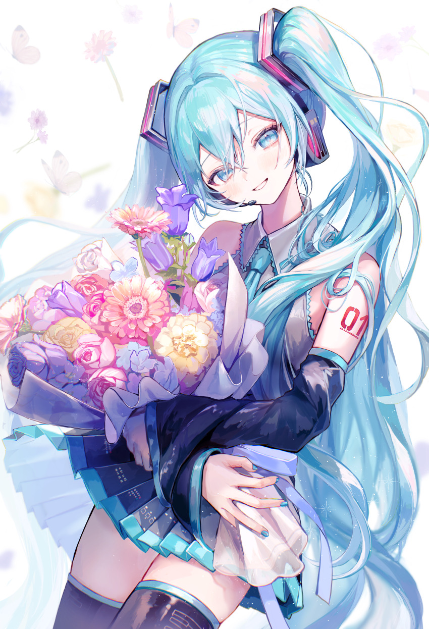1girl absurdres bare_shoulders black_skirt black_sleeves black_thighhighs blue_eyes blue_hair blue_necktie bouquet collared_shirt commentary_request cowboy_shot detached_sleeves floating_hair flower grey_shirt grin hair_between_eyes hair_ornament hatsune_miku headphones highres holding holding_bouquet long_hair looking_at_viewer miniskirt necktie number_tattoo pink_flower pipi_(pipinavigation) pleated_skirt red_flower shirt shoulder_tattoo skirt smile solo tattoo thighhighs twintails very_long_hair vocaloid white_background white_shirt yellow_flower zettai_ryouiki