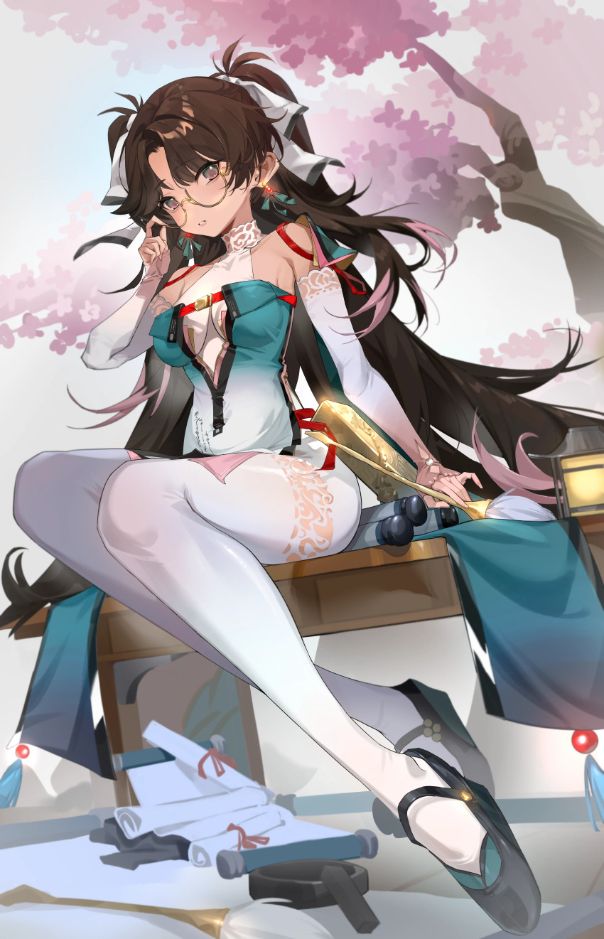 1girl absurdres adjusting_eyewear aqua_dress bare_shoulders black_footwear bodystocking bow breasts brown_hair cherry_blossoms commentary dress earrings elbow_sleeve full_body glasses hair_bow highres jewelry large_breasts legs_together long_hair looking_at_viewer multicolored_hair multiple_hair_bows paintbrush parted_lips pink_eyes pink_hair round_eyewear scroll semi-rimless_eyewear shuishi_tidu sidelocks sitting solo streaked_hair symbol-only_commentary twintails very_long_hair white_bow wuthering_waves yellow-framed_eyewear zhezhi_(wuthering_waves)